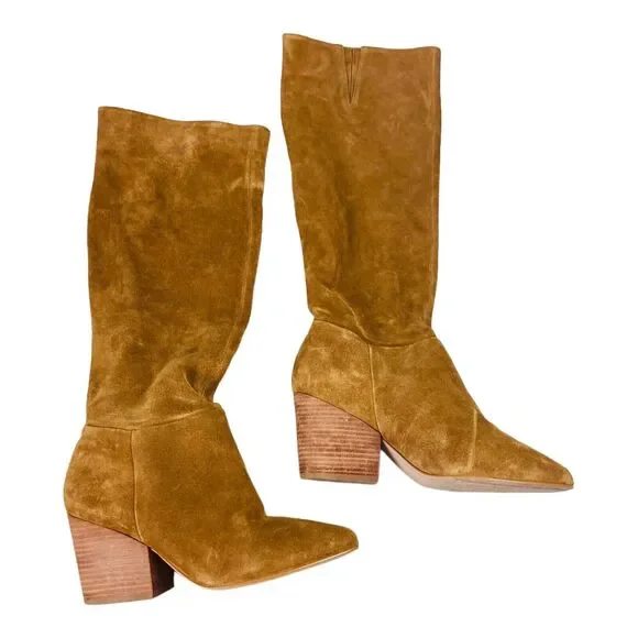 ABLE Womens Suede Knee High Boots Block Heel Able Rojas Tall Tobaccco Brown 8.5M - Picture 2 of 8